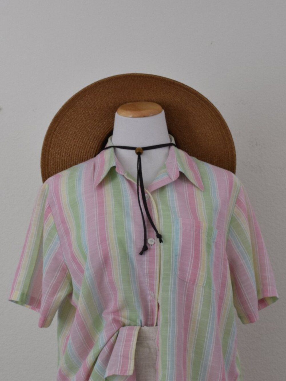 Vintage 1990s Pastel Vertical Stripes Cotton/Poly Button Down Blouse  by Alfred